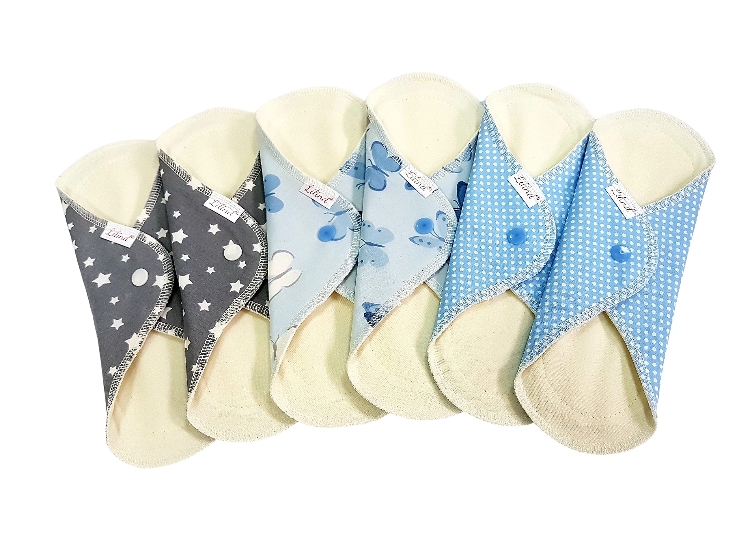 Lilind® 6 Pack 24cm. Everyday Pantyliners, Organic Cloth Pads, Reusable Menstrual Sanitary Napkins, 100% Cotton, Mix Blue