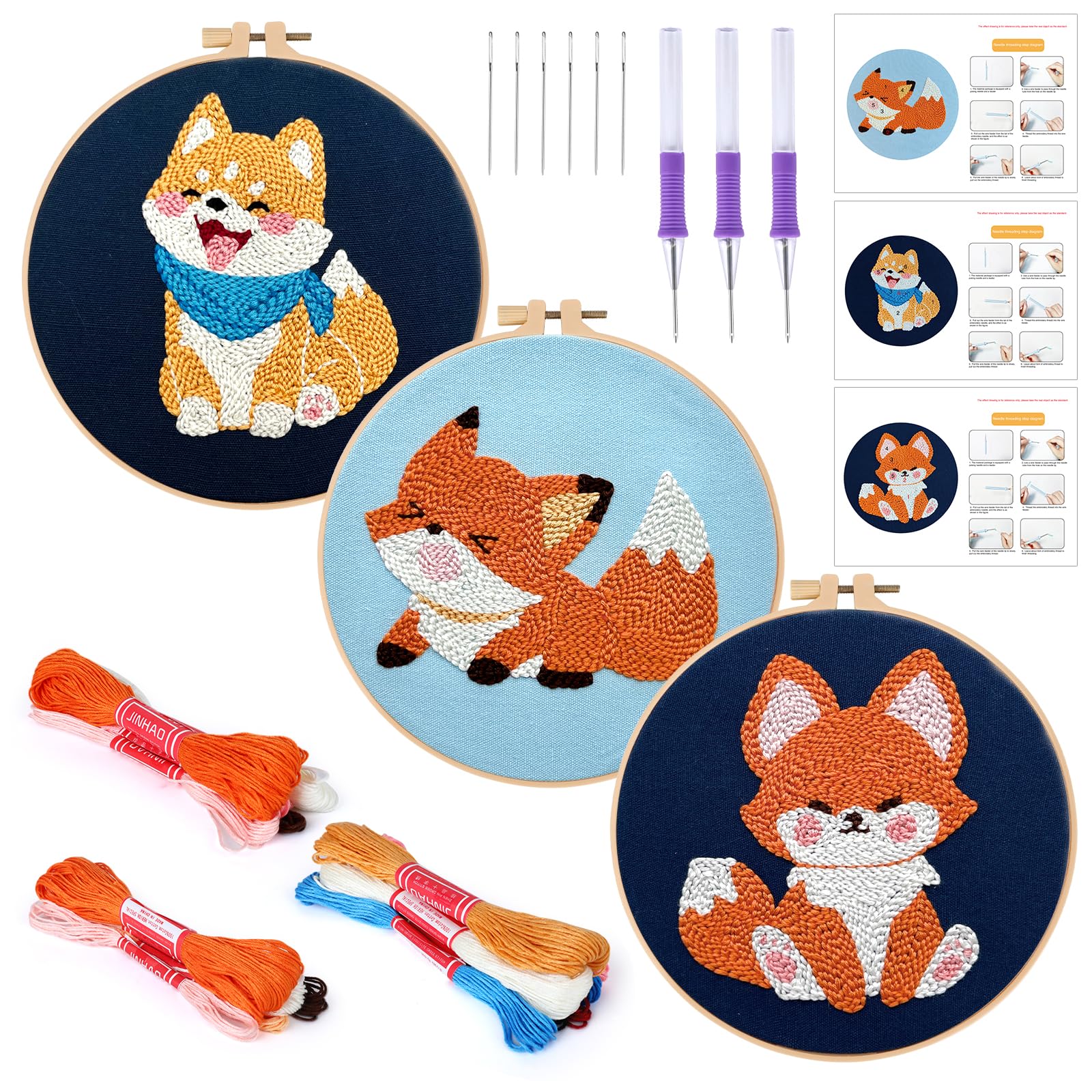 JSRQT 3 Sets Punch Needle Kits for Adults Beginners DIY Crafts Punch Needle Kit Embroidery Starter Kits with Fox Dog Pattern with 3 Hoops Rug Hooking Kit Handcraft