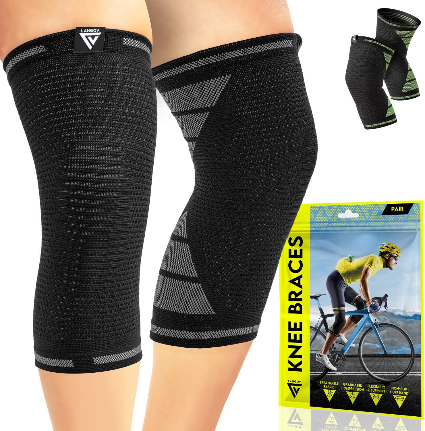 Langov Compression Knee Sleeves for Knee Pain for Women & Men (Pair), Knee braces, Stabilizer Wraps For Weightlifting ,Running, Working Out, Knee Support Relieves Pain from MCL, ACL, Arthritis: Health & Personal Care