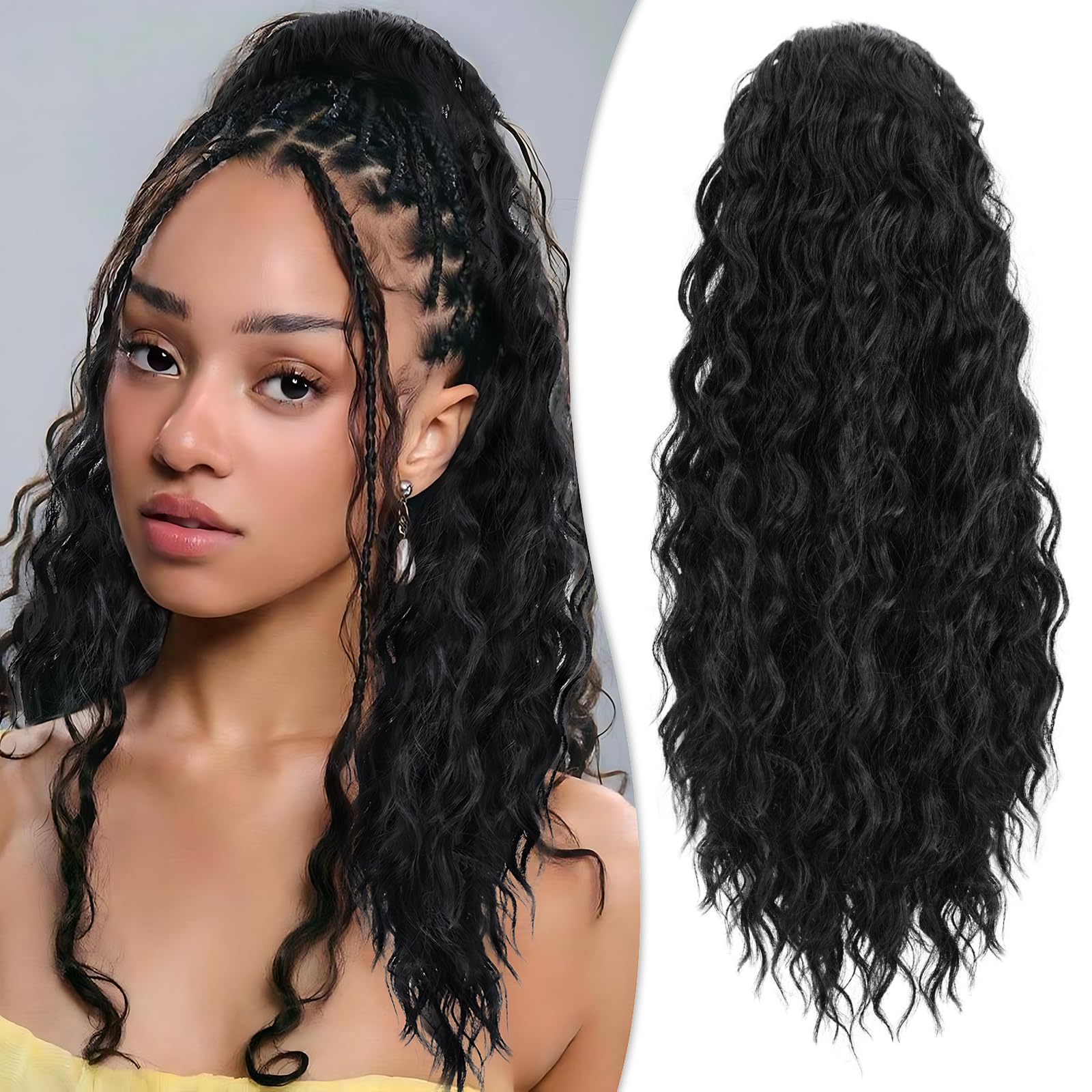 RUWISS Curly Drawstring Ponytail Extension for Black Women,20 inch Natural Black Afro Kinky Ponytail Synthetic Hairpiece for Daily Party Use