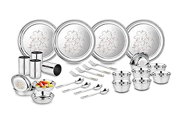 Classic Essentials Stainless Steel Glory Dinner Set, 28-Pieces, Silver
