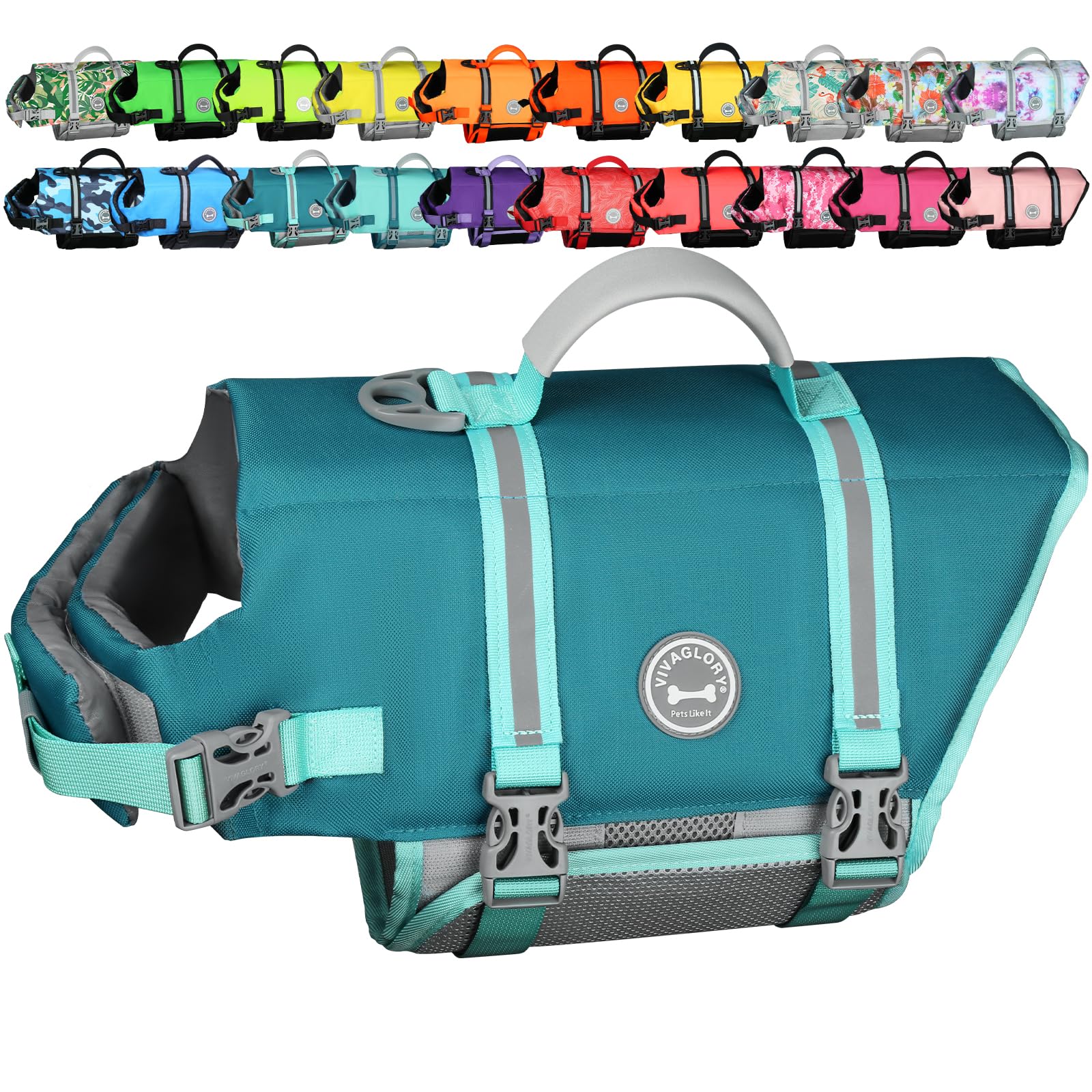 VIVAGLORY Rip Stop Dog Life Jacket, Buoyancy Aid with Handle, Buoyancy for Doggy, Dog Life Jacket for Swimming & Boating, M, Turquoise