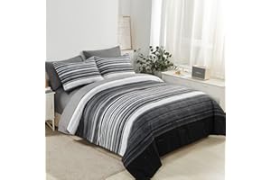 KAKIJUMN 7 Piece Bed in a Bag Stripe Comforter Set Queen Size, White Grey Black Patchwork Striped Comforter and Sheet Set, All Season Soft Microfiber Complete Bedding Sets(Grey,Queen)
