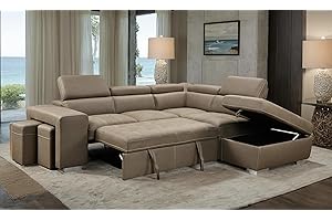THSUPER 104'' Microfiber Sectional Sleeper Sofa with Pull Out Bed and Storage Chaise Ottoman, L Shaped Sectional Couch with Adjustable Headrest and Stools for Living Room - Brown