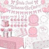 Pink Bow 1st Birthday Decorations, Girls First Birthday Party Supplies Serve 25 Guests, Girls Just Wanna Be One Tableware Include Plates Napkins Cups Tablecloth Banner Balloons Cake Toppers