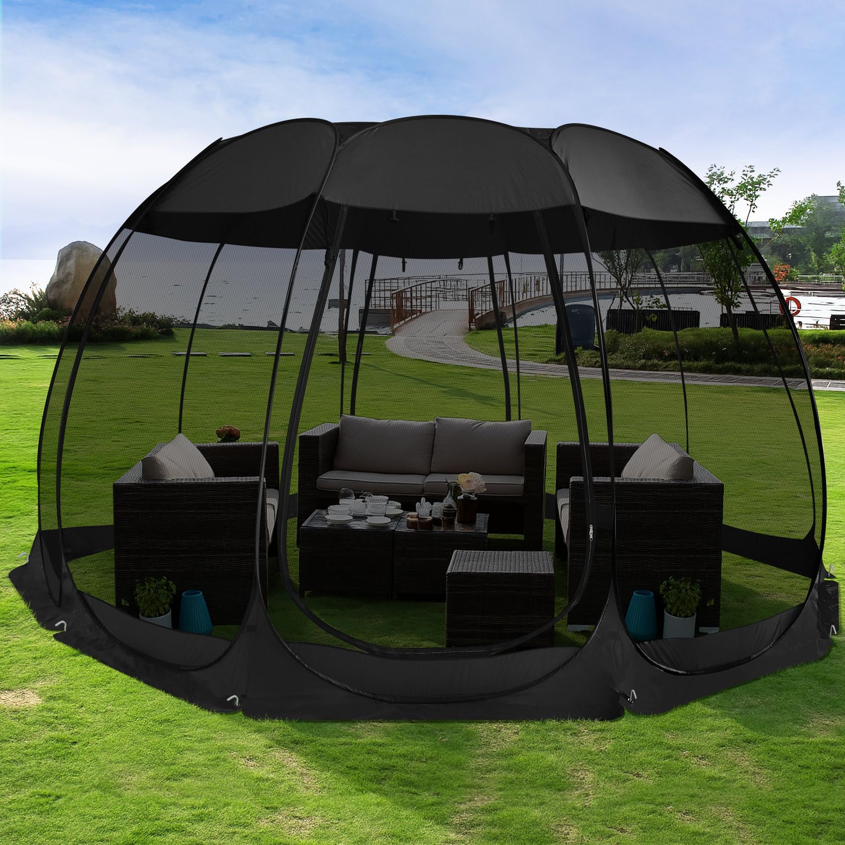 Alvantor® Pop Up Screen House, Outdoor Mosquito Mesh Tent with UV Resistant, Pop Up Canopy Easy Up, Foldable Screen Room for Camping,Backyard, Garden, Patio(Black, 15x15 FT) Image
