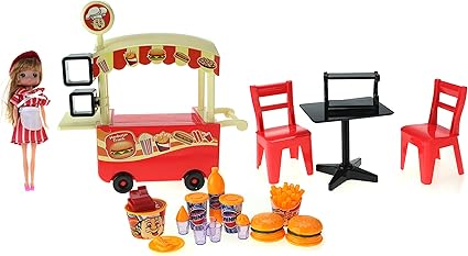 Amazon.com: Mi Carrito lindo comida rápida juguete hamburguesa de comida rápida al aire última intervensión carro w/carro, sillas, mesa, utensilios de cocina, comida, \u0026 Muñeca: Toys \u0026 Games