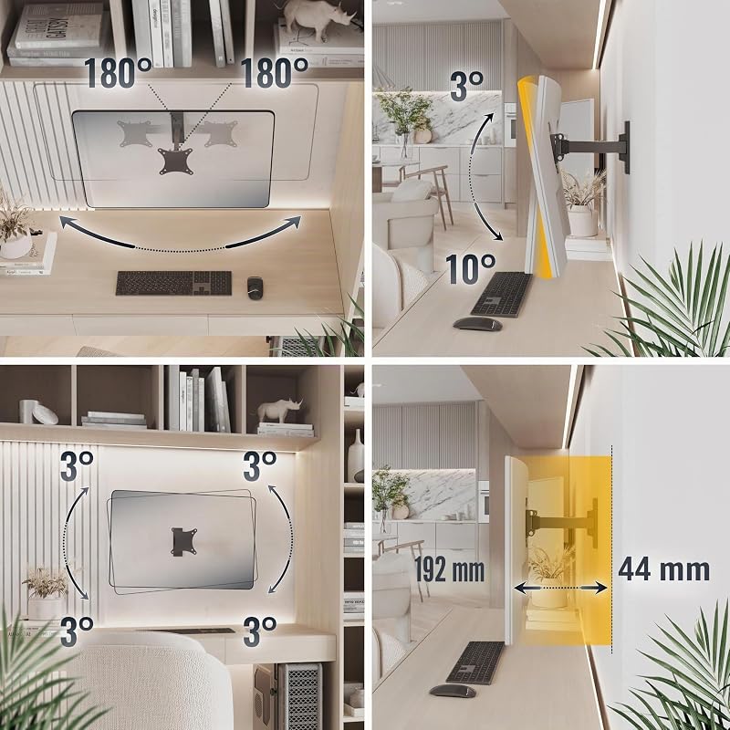 S7411 Support Mural Écran PC TV 13 17 19 22 24 27 28 32 34 Pouces VESA 75x75 100x100 Orientable Inclinable Rotatif Universel Fixation Murale TV QLED OLED LED LCD Écran incurvé