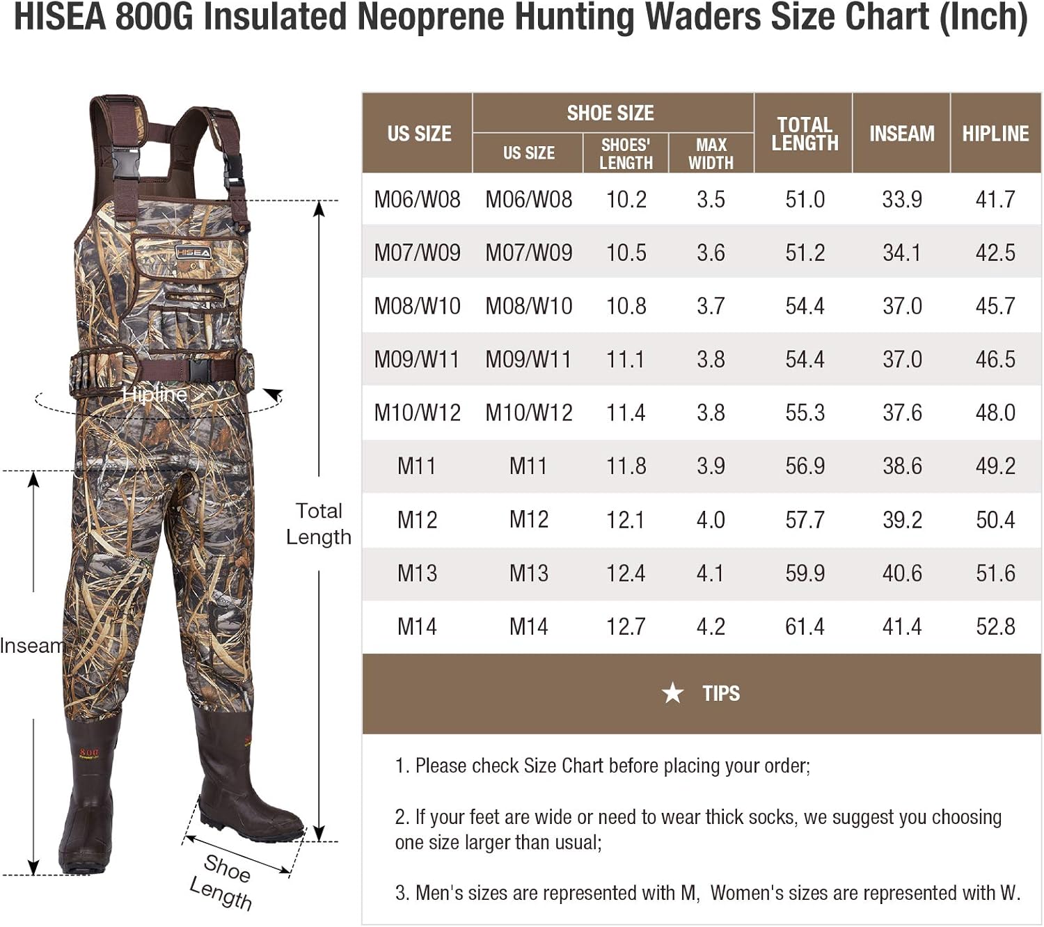 HISEA Hunting Chest Waders for Men with 800G Insulated Boots Waterproof Neoprene Bootfoot Waders : Clothing
