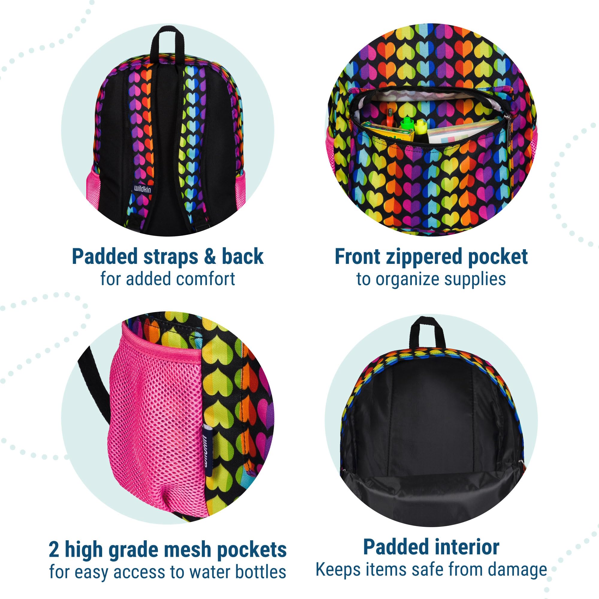 Wildkin 16 Inch Kids Backpack for Boys & Girls, 600-Denier Polyester Backpack for Kids, Features Padded Back & Adjustable Strap, Perfect Size for School & Travel Backpacks (Rainbow Hearts)