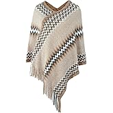 AFOLIRY Women's Soft Knitted Zig Zag Patterned Tassel Batwing Poncho Sweater Pullover Wraps Cape