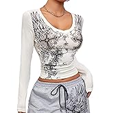 GothDark Long Sleeve V Neck Crop Tops Slim Fit Y2K Shirts Casual Going Out Graphic Tees for Women
