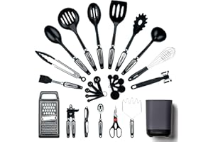 SMIRLY Silicone Kitchen Utensils Set & Holder: Cooking Utensils Set - Kitchen Essentials for New Home & 1st Apartment- Silicone Spatula Set, Cooking Spoons for Nonstick Cookware (Stainless Steel, Black)