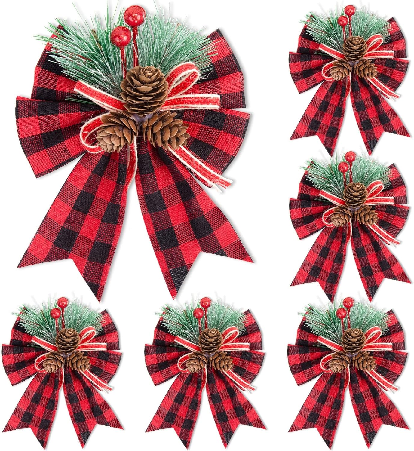 Bows & Ribbons - JOHOUSE 6PCS Christmas Red Buffalo Plaid Bows, 6 x 5 Inch Decorative Christmas Bows with Pine Cone for Wreath Garland Christmas Tree Topper, Xmas Decorations Home Decor