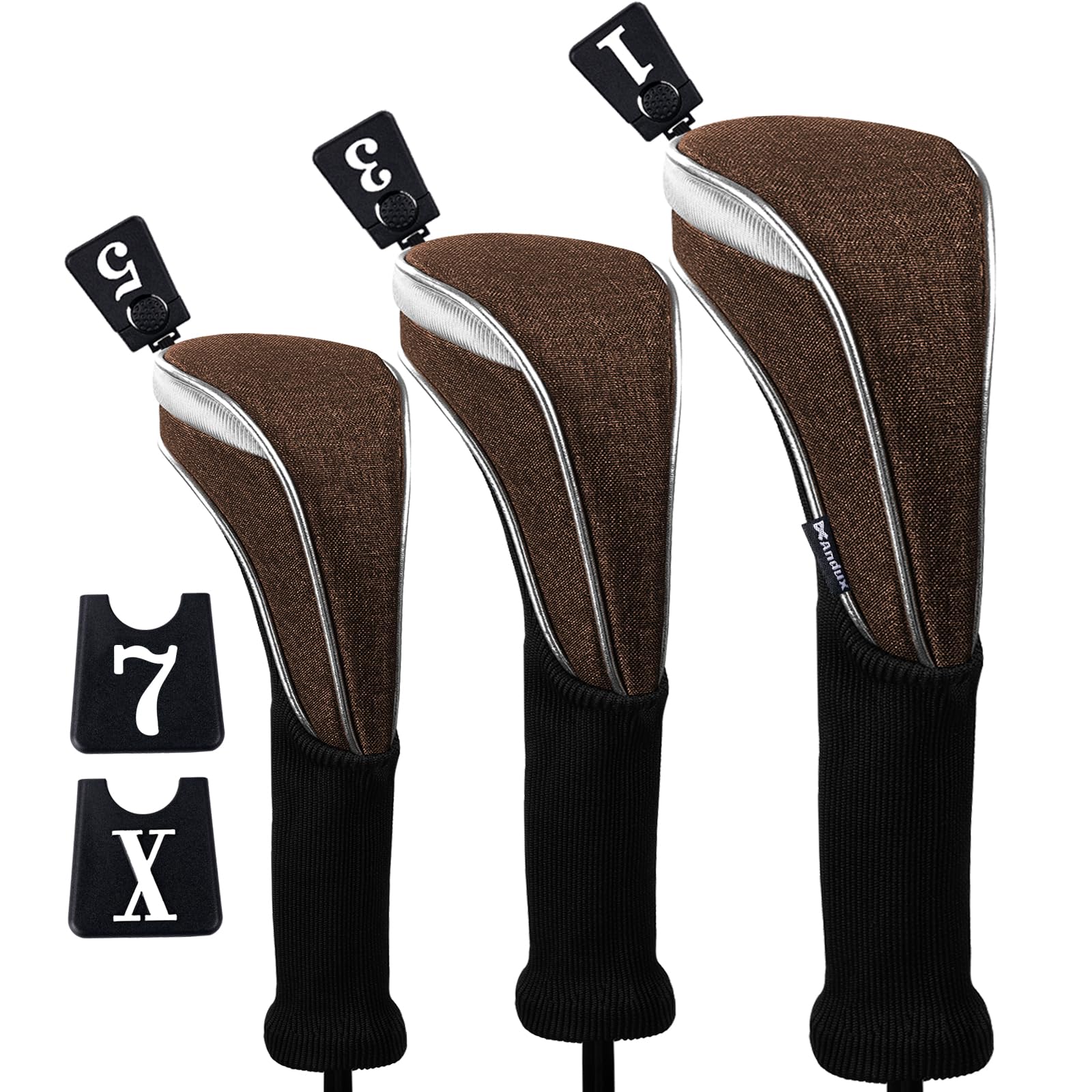 Andux 3pcs/Set Nylon Golf Wood Club Head Covers 460cc Driver Covers Long Neck Brown