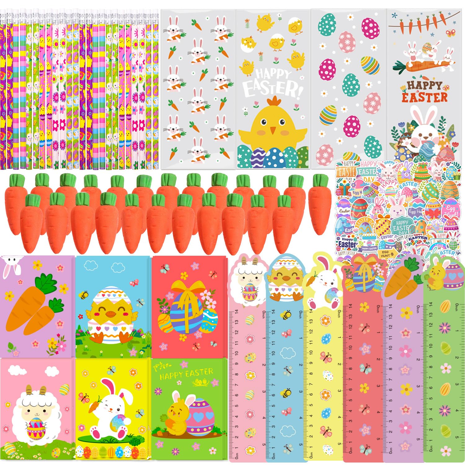 170PCS Easter Basket Stuffers for Boys Girls 24 Pack Stationery Set, Assorted Easter Gifts for Kids Pencils Rulers Erasers Notebooks Stickers Gift Bags Party Favors Treat Bags