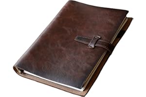 ADEERUS Refillable A5 Leather Binder Notebook, Reusable Leather Journal, Vintage Organizer with 6-Ring Metal Binder, 120 Pages Lined Paper & Pocket, for Writers Business Work Study College and Daily