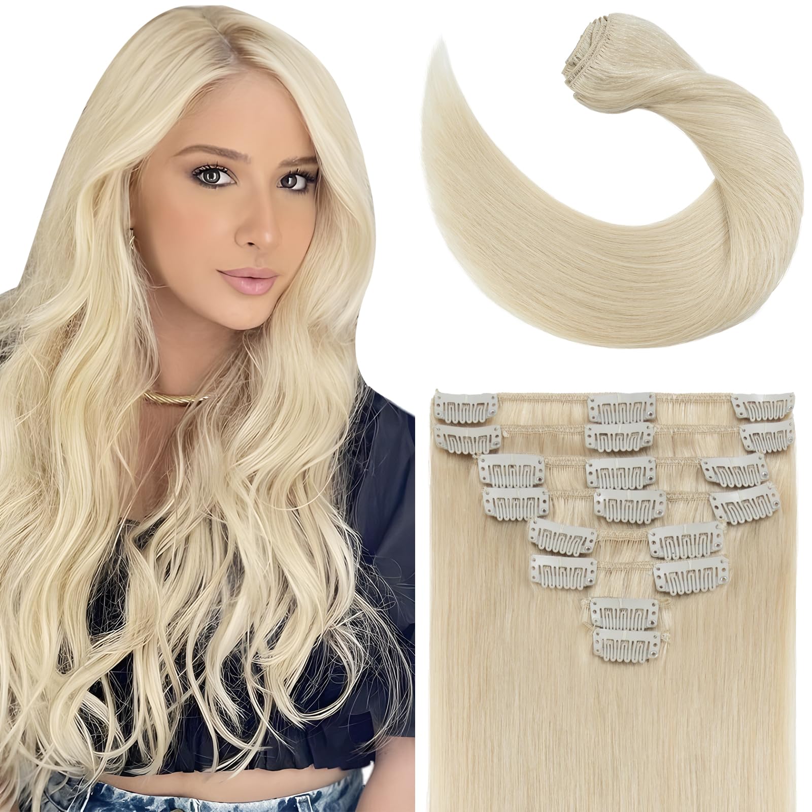 Elailite Clip in Human Hair Extensions Real Hair Remy Natural - 8 Pieces Standard Weft (Midium Thickness) Straight - #60 Platinum Blonde - 20 Inch (105 g) — image 1