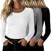 Velvelhall 3 Pack Cotton Womens Ribbed Shirt Long Sleeve Undershirt Crewneck Fitted Tops Stretch Knit Lettuce Trim Casual Tee