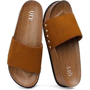 QIY Platform Slides Sandals for Women Studded Slip-on Arch Support Sandals | Wood-grain Sole, Comfortable Summer Wedge Slides