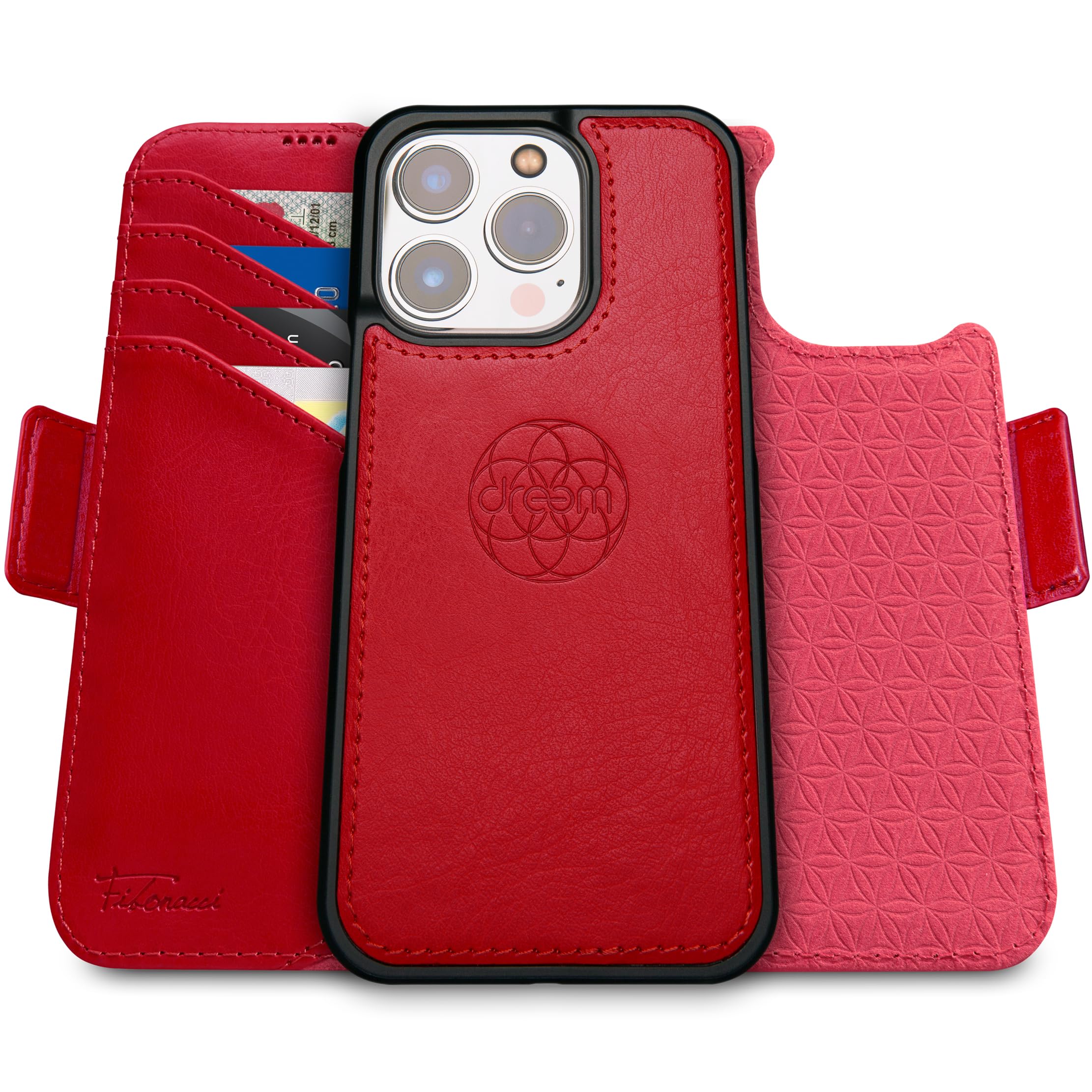 dreem Wallet Case for iPhone 15 Pro, Revolutionary Vert/Hor Phone Stand, Magnetic Detachable Vegan Leather Flip Cover RFID Blocking Card Holder, MagSafe-Fit, Gift Box [Fibonacci: Red] — image 1