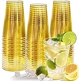 Glowserve 12 oz Plastic Cups Disposable Gold Clear Plastic Cups Cocktail Glasses 50 Pack Drinking Disposable Cups for Party,New Year,Birthday, Wedding, Graduation