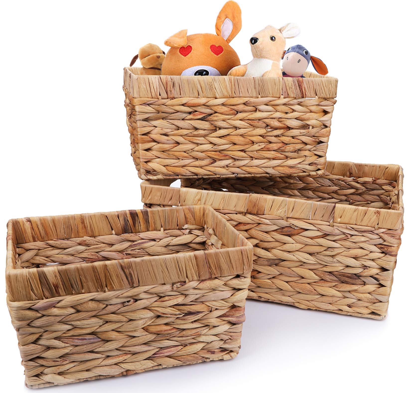 Yesland 3 Pack Water Hyacinth Storage Baskets, Natural Multisize Rectangular Storage Bins with Handle, Hand-Woven Organizer Container Bins with Iron Wire Frame for Bedroom, Living room