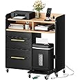 YITAHOME File Cabinet with Charging Station, Printer Table Cabinet for Home Office, Printer Stand Cart, Fits A4, Letter, Legal Size Files, Office Furniture, Black