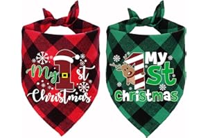 STMK 2 Pack Christmas Plaid Dog Bandanas, My 1st Holiday Bandanas for Small Medium Dog Puppy Costume Decorations (Red & Green