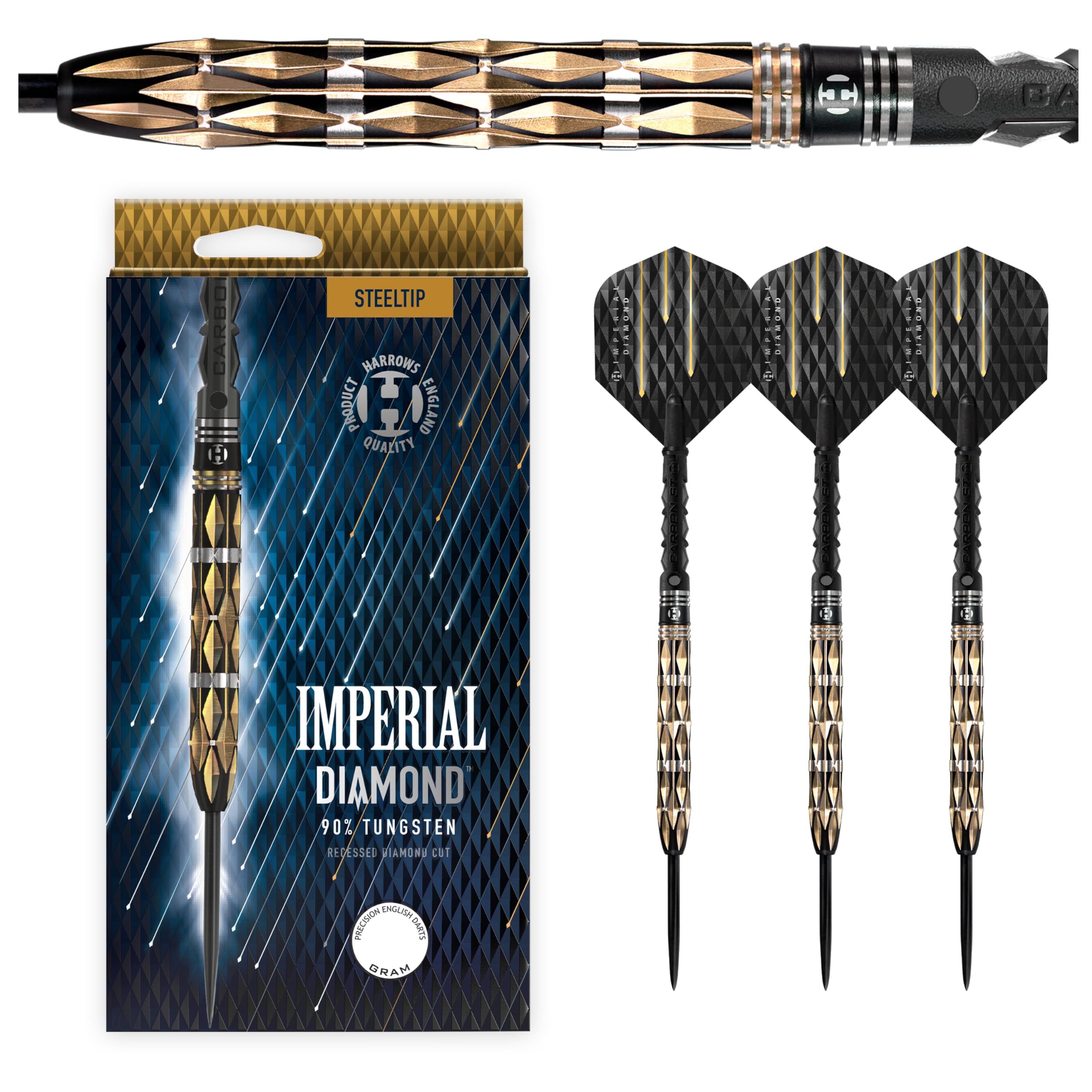 Harrows Imperial Diamond 90% Tungsten Steel Tip Darts Set 22g, 23g, 24g & 25g - Includes Black Carbon ST Midi Shafts & Micron Imperial Diamond Flights (24 Grams)