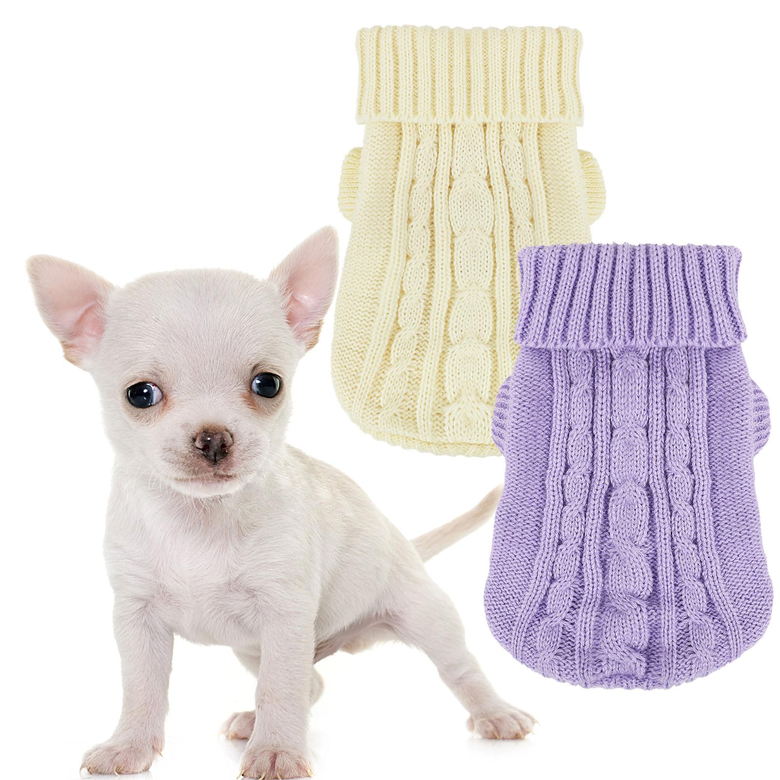 Photo 1 of 2 Pack Dog Sweaters for Small Dogs, Chihuahua Yorkie Sweater, Puppy Clothes Winter Warm Pullover Clothing, Pet Cat Cold Weather Puppy Cold Outfits Beige+Purple XXS
