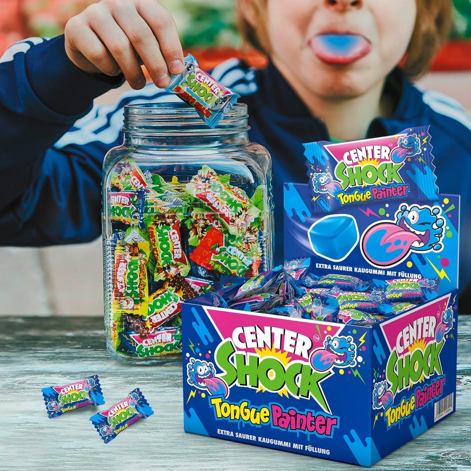 Center Shock Zungenmaler Pillow, Box mit 100 Kaugummis, Extra saurer mit Füllung, geeignet für Geburtstag, Pinata, Candy-Bar und Weihnachten, 400g 3