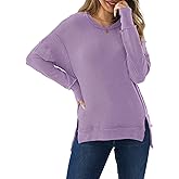 AirZeal Womens Long Sleeve Tops Ribbed Loose Fit Oversized Shirt with Side Slit High Low Hem Fall T Shirts