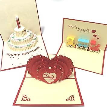 Amazon ３d 立体 ポップアップ メッセージ カード グリーティングカード 誕生日カード 結婚式 お祝いカード ３枚セット ケーキ 電車 ハート ３枚セット グリーティングカード 文房具 オフィス用品