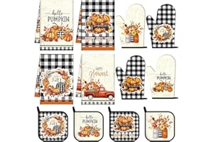 Pickmesh 12 Pcs Hello Fall Kitchen Towels and Oven Mitt Sets 4 Pumpkin Oven Mitts 4 Harvest Dish Towels and 4 Plaid Pot Holders Cooking Accessories for Thanksgiving Autumn Kitchen Decoration