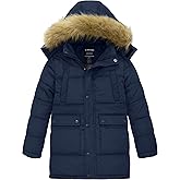 wantdo Boys' Winter Coat Long Puffer Jacket Warm Parka with Removeable Faux Fur Hood