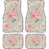 BENXINYA Vintage Floral Print Car Mats Set of 4 Shabby Chic Roses Lace Frame Pink Flowers Bouquets with Green Leaves Floor Mats for Cars Universal Front Rear Vehicle Rugs Auto Accessories for Trucks
