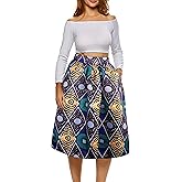 Afibi Womens African Print Skirt Boho Flare Pleated Midi Skirt with Pockets