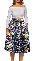 Afibi Womens African Print Skirt Boho Flare Pleated