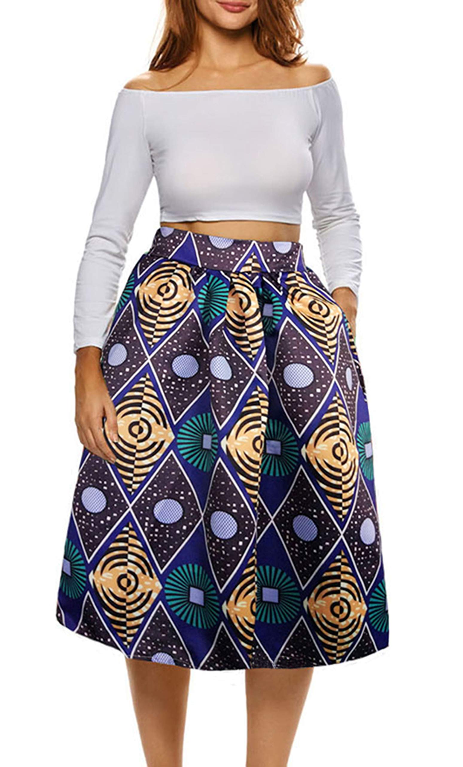 Afibi Womens African Print Skirt Boho Flare Pleated