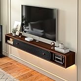 FurniNova Floating TV Stand Wall Mounted 70'', Modern Media Console with 2 Open Cabinets and 1 Door,Wall Mount TV Console for Living Room Bedroom,Walnut and Black