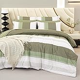 RYNGHIPY Olive Green Striped Bed Sets: 8 Pieces Soft Lightweight Bed in A Bag Full Size Microfiber Down Alternative Comforter Sets with Corner Loops (Full,Olive Green)