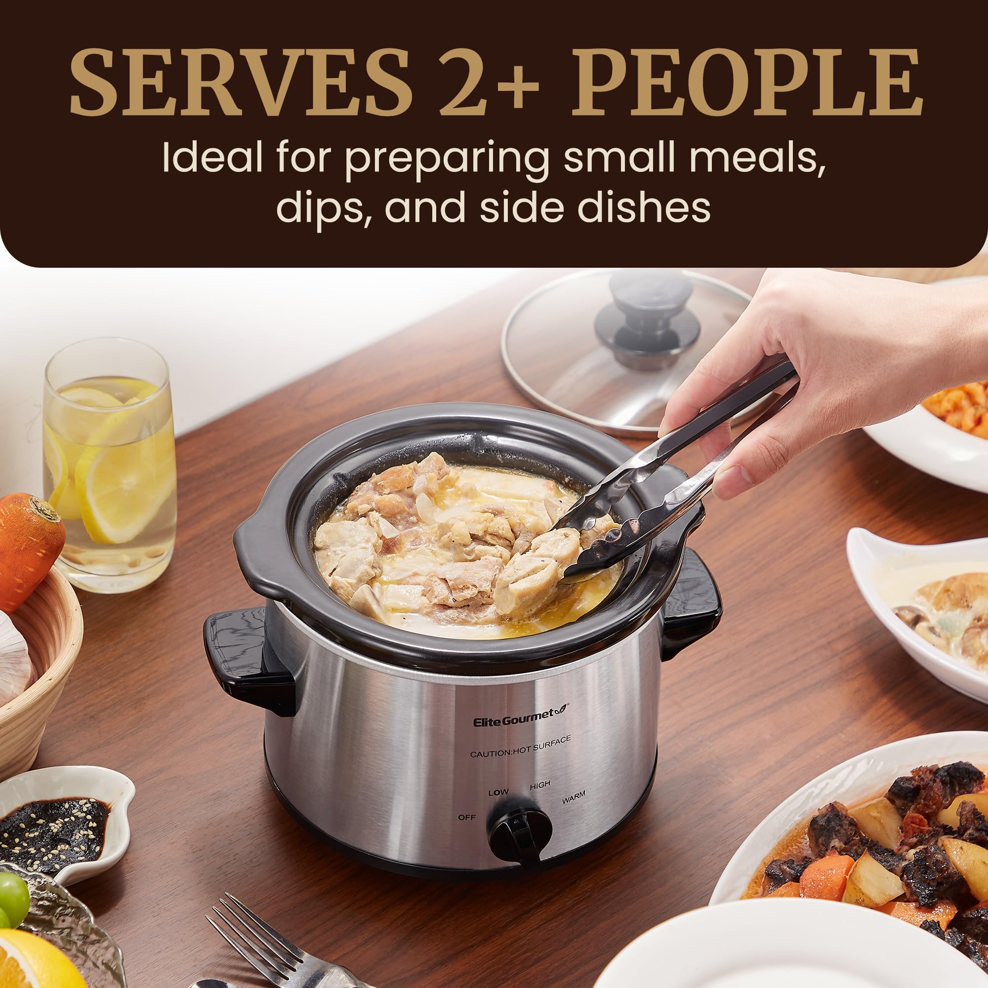 Elite Gourmet MST-250XS Electric Slow Cooker Ceramic Pot, Adjustable Temp, Entrees, Sauces, Stews & Dips, Dishwasher Safe Glass Lid & Crock, 1.5 Quart, Stainless Steel