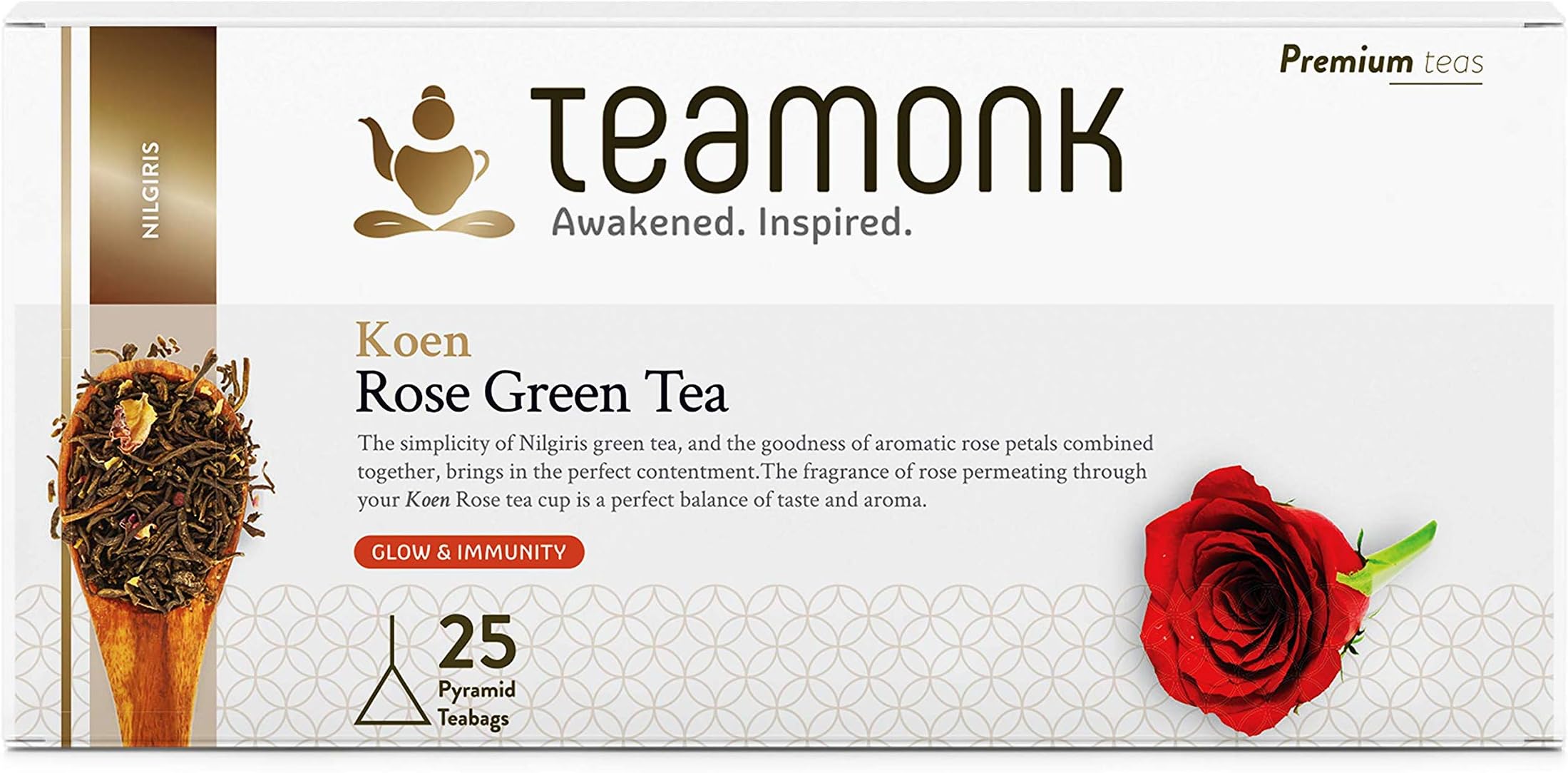 Teamonk Koen High Mountain Rose Green Tea Box - 25 Biodegradable Pyramid Tea Bags Filled With Whole Loose Leaves. Rich in Vitamin C and Antioxidants. Promotes Glowing Skin