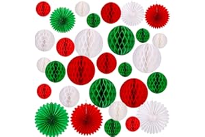 Konsait 30pcs Christmas New Year Hanging Decoration Paper Honeycomb Balls Paper Fans Kit for Xmas Party Decor Supplies Baby Shower Birthday Wedding Home Decoration Red White Green Decor