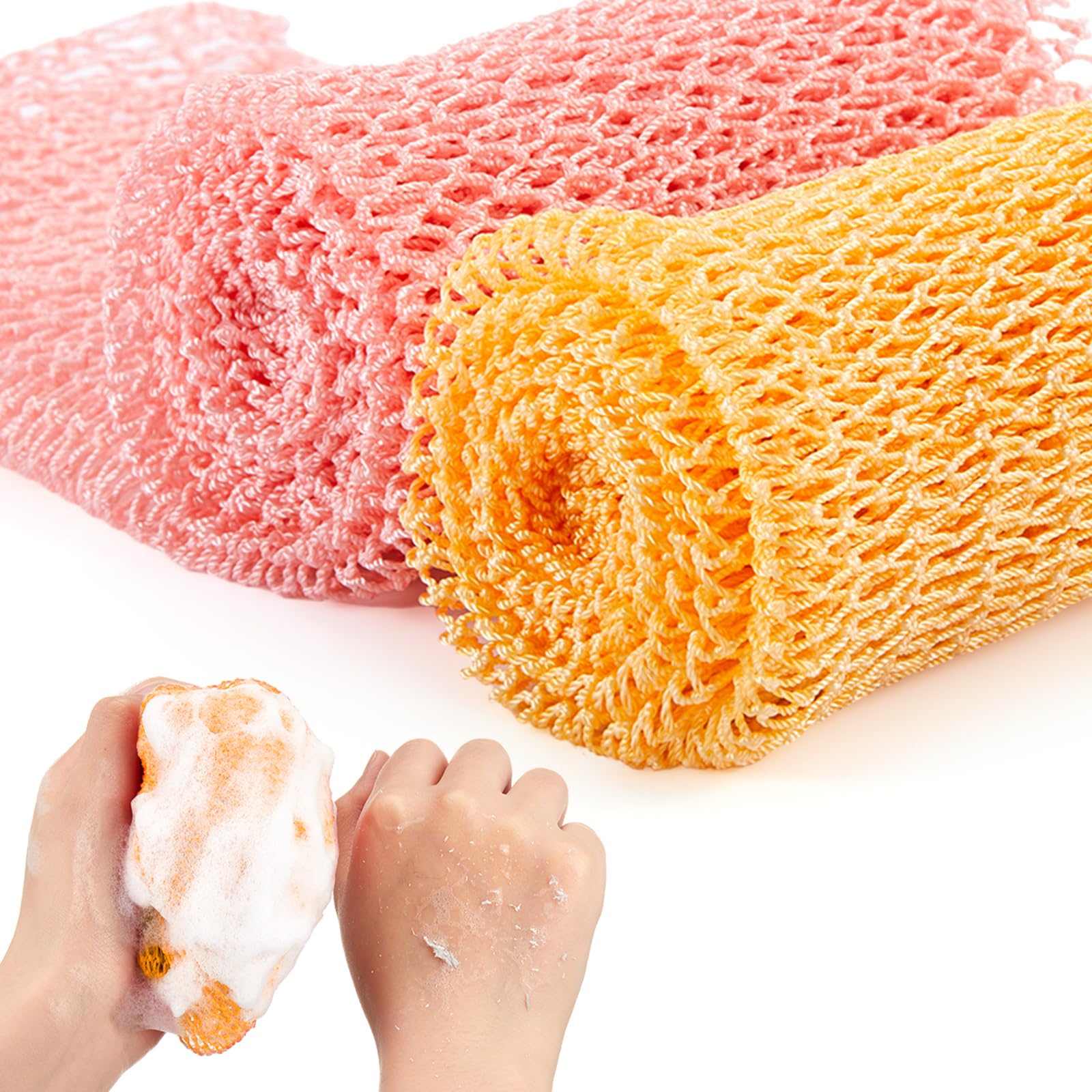 Shappy 2 Pcs African Net Sponge Exfoliating Net African Body Scrubber Bath Rag Washcloth Towel Shower Body Back Scrubber Skin Smoother for Daily Use or Stocking Stuffer(Peach Pink, Creamy)