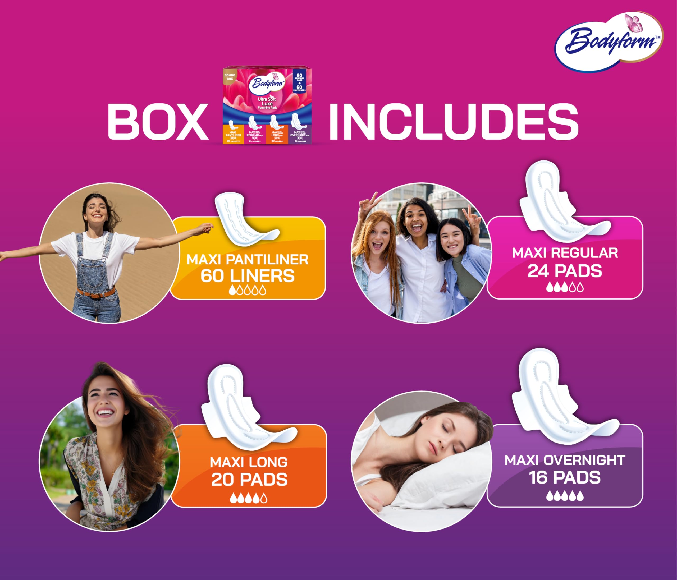 Bodyform Luxe Feminine Care Value Combo Box (Variety Pack) – 60 Ultra-Soft Pads + 60 Gentle Pantyliners, Cushion Soft & Ultra-Absorbent
