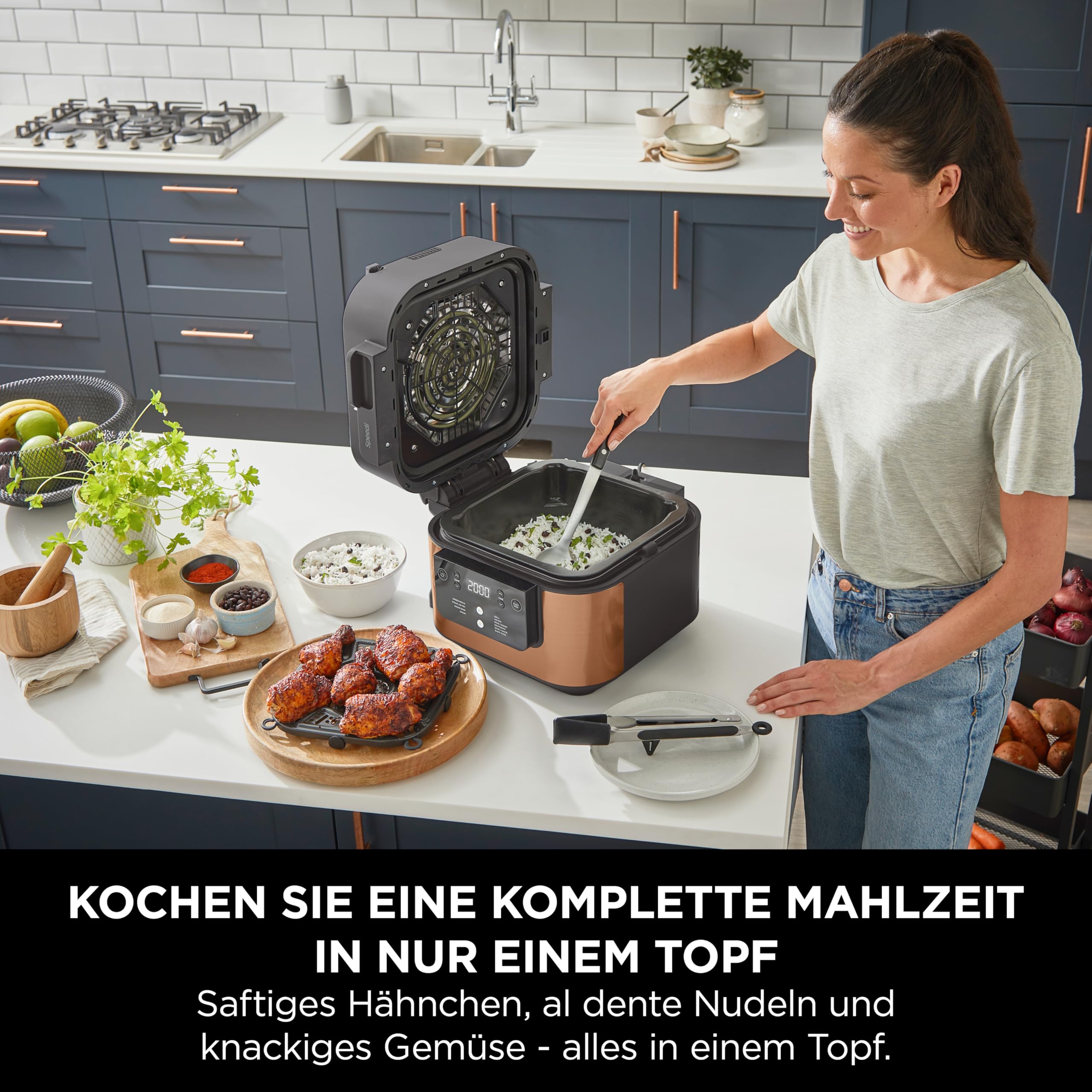 Ninja Speedi Multikocher, 5,7L, 10-in-1 Multicooker, Airfryer Heißluftfritteuse, Slow Cooker Langsamkochen, Grillen, Backen, Schwarz & Kupfer ON400EUCP 4