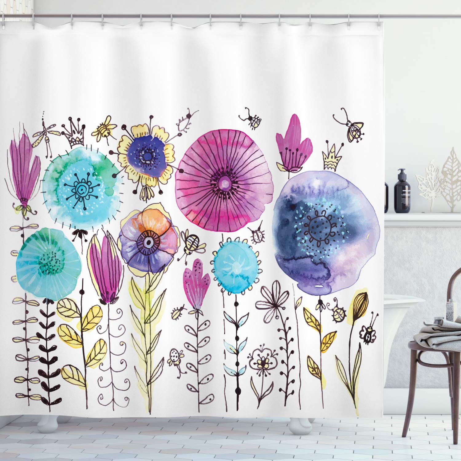 ABAKUHAUS Dragonfly Shower Curtain, Hello Summer Concept Dandelion and Winged Bug Be Happy Artwork, Cloth Fabric Bathroom Decor Set with Hooks, 94 Inches, Pink Blue