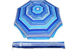 AMMSUN 6.5 ft Heavy Duty Beach Umbrella for Sand with tilt Air Vent Sun Shelter, UV 50+ Protection Outdoor Sunshade Umbrellas and Parasols with Carry Bag for Patio Garden Beach Pool stripe Blue